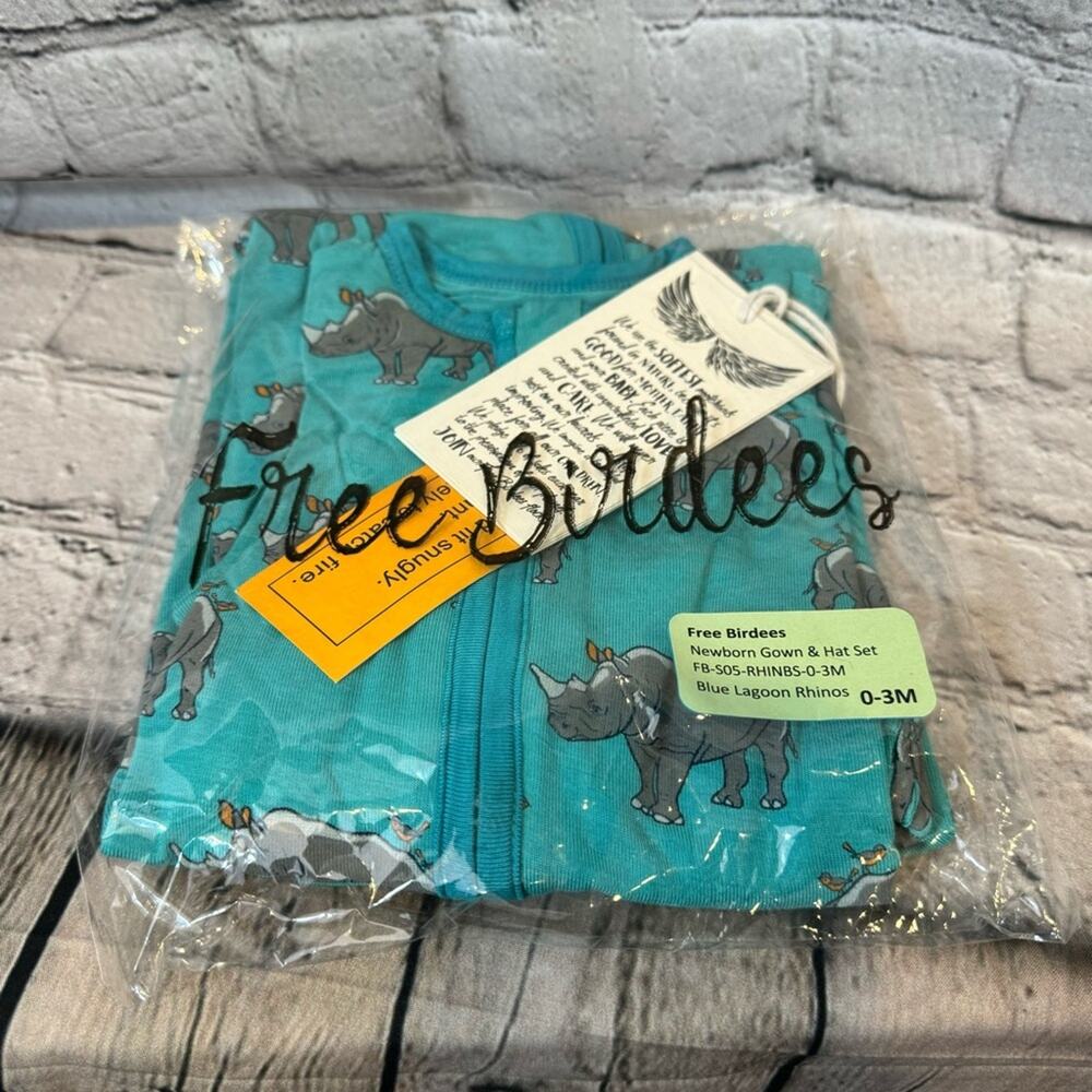 Free Birdees Rhino Pattern Bamboo Zip Front Newborn Gown and Matching Hat 0-3M